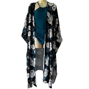 Sweaty Rocks Floral Print Silky Kimono Swimsuit Coverup Woman XL Maxi Long